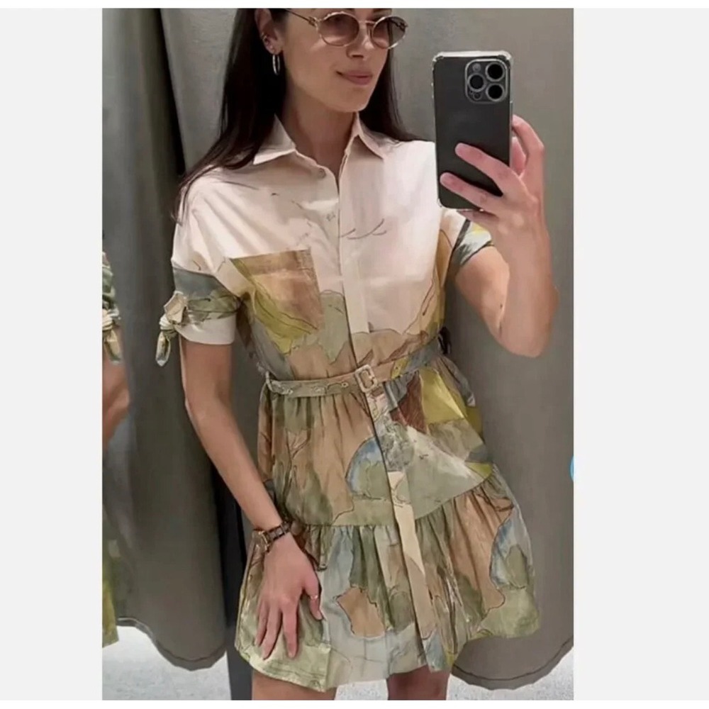 Zara Landscape Print Belted Shirt Dress Mini Tiered Ruffle Green Tan XS 2183/057